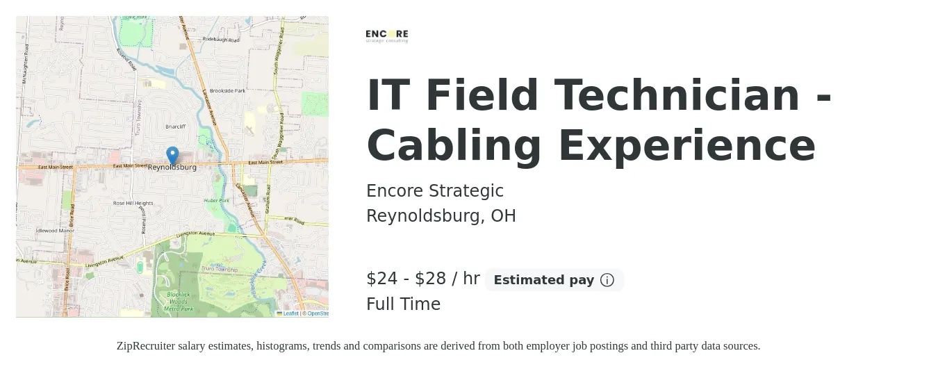 Encore Strategic job posting for a IT Field Technician - Cabling Experience in Reynoldsburg, OH with a salary of $25 to $30 Hourly with a map of Reynoldsburg location.