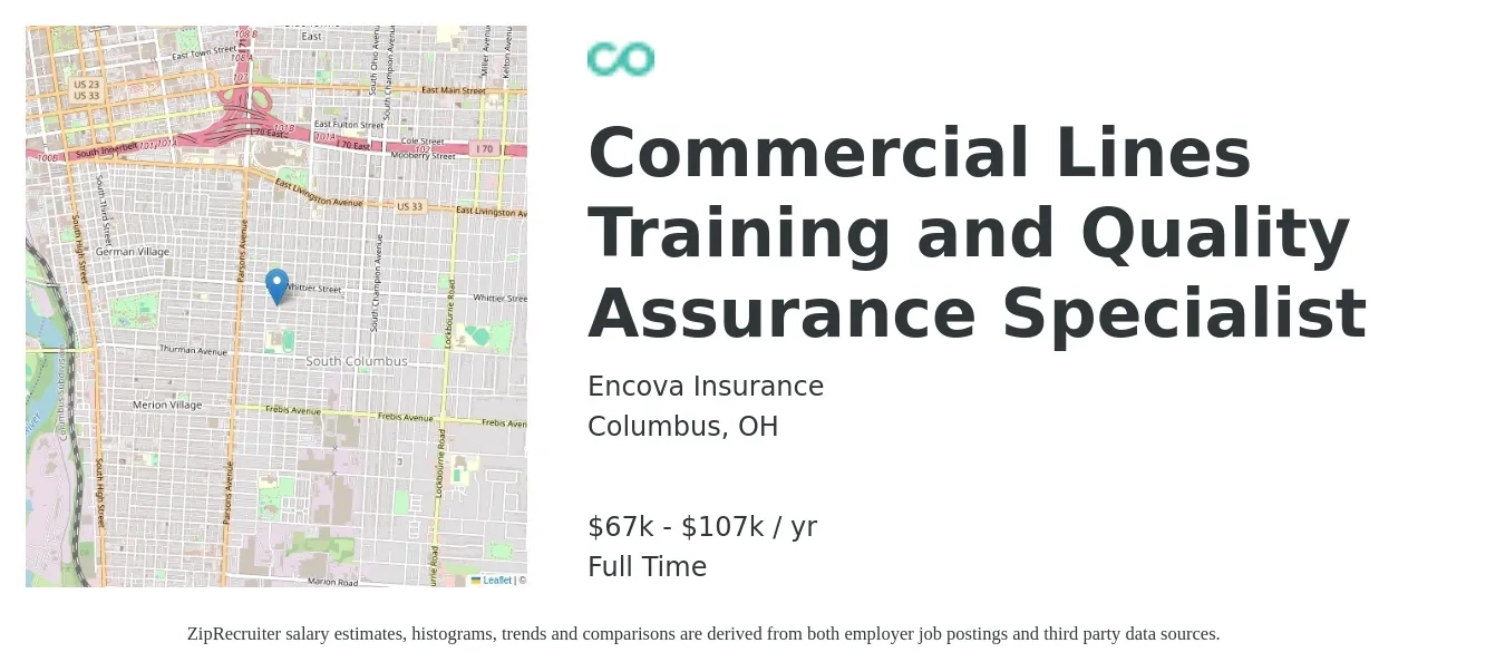 Encova Insurance job posting for a Commercial Lines Training and Quality Assurance Specialist in Columbus, OH with a salary of $67,466 to $107,944 Yearly with a map of Columbus location.