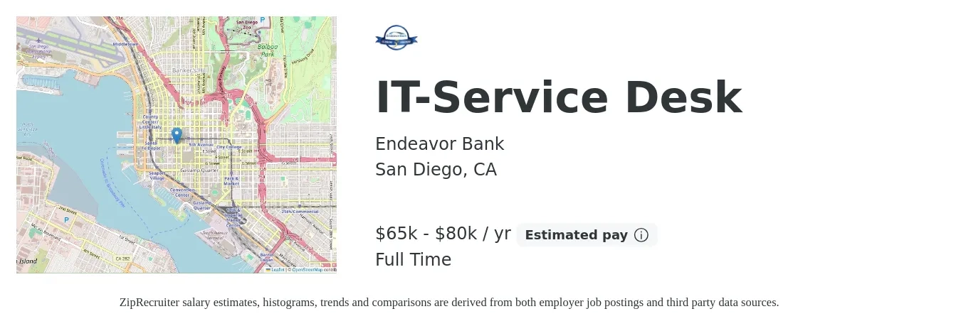 Endeavor Bank job posting for a IT-Service Desk in San Diego, CA with a salary of $65,000 to $80,000 Yearly with a map of San Diego location.
