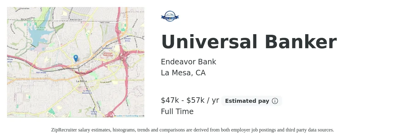 Endeavor Bank job posting for a Universal Banker in La Mesa, CA with a salary of $47,000 to $57,000 Yearly with a map of La Mesa location.