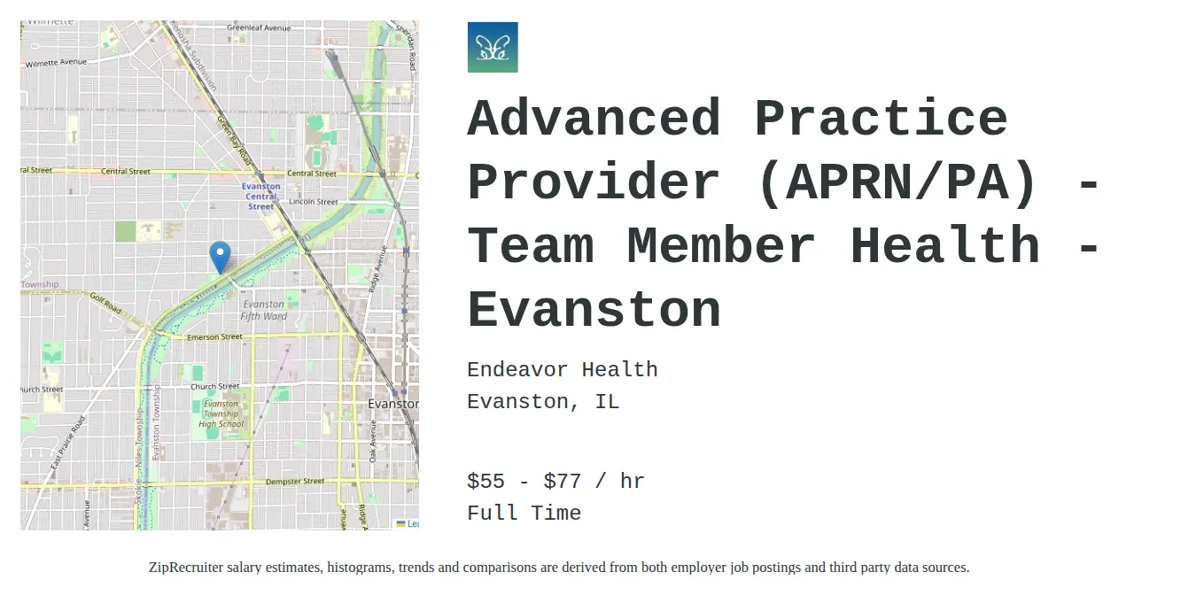 NorthShore job posting for a Advanced Practice Provider (APRN/PA) - Team Member Health - Evanston in Evanston, IL with a salary of $58 to $81 Hourly and benefits including Medical, Vision, Dental, PTO, and Retirement with a map of Evanston location.