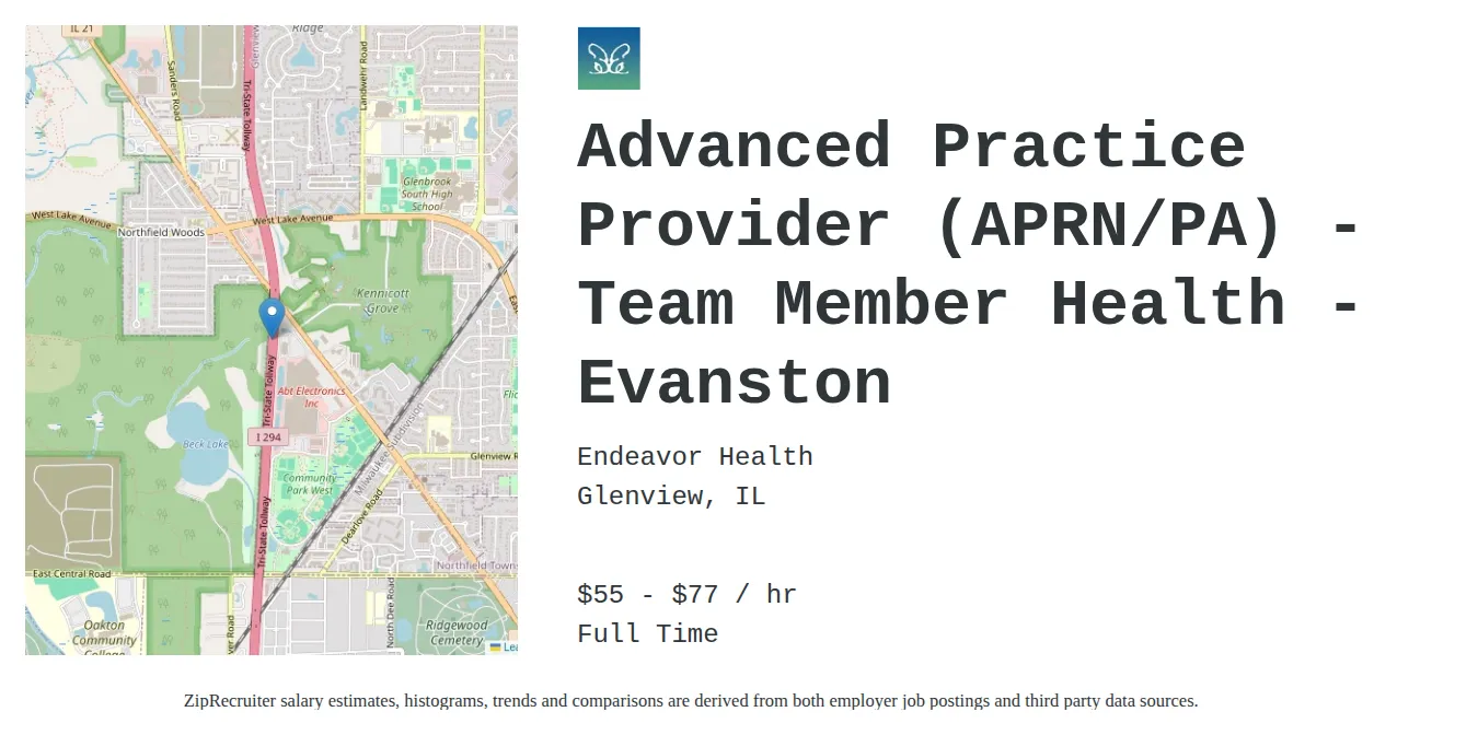 Endeavor Health job posting for a Advanced Practice Provider (APRN/PA) - Team Member Health - Evanston in Glenview, IL with a salary of $58 to $81 Hourly and benefits including Medical, Vision, Dental, PTO, and Retirement with a map of Glenview location.