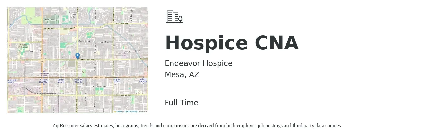 Endeavor Hospice job posting for a Hospice CNA in Mesa, AZ with a salary of $14 to $18 Hourly with a map of Mesa location.