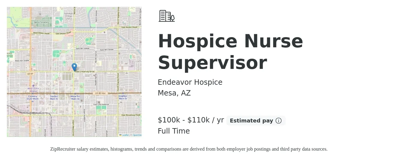 Endeavor Hospice job posting for a Hospice Nurse Supervisor in Mesa, AZ with a salary of $100,000 to $110,000 Yearly with a map of Mesa location.