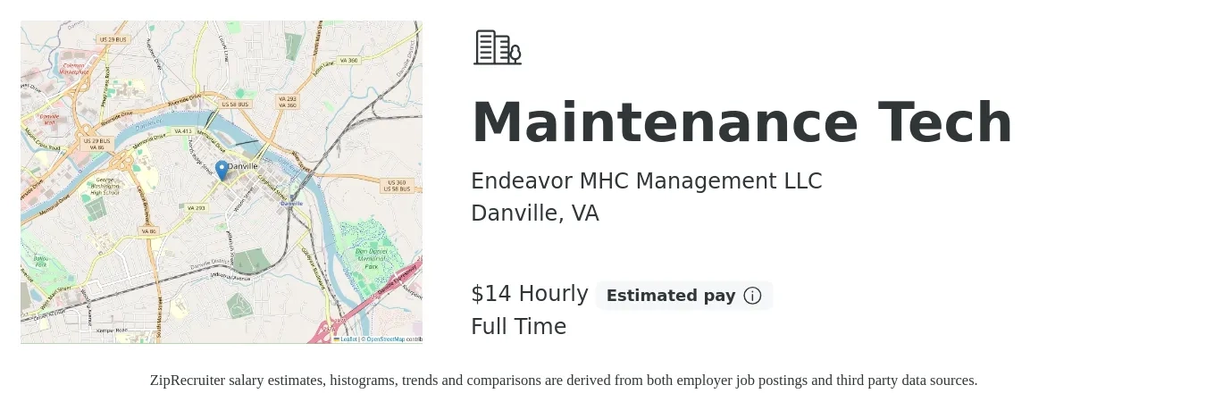 Endeavor MHC Management LLC job posting for a Maintenance Tech in Danville, VA with a salary of $15 Hourly with a map of Danville location.