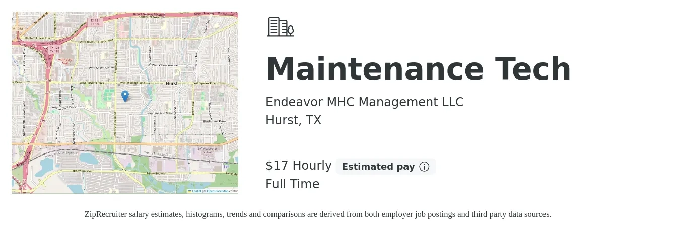 Endeavor MHC Management LLC job posting for a Maintenance Tech in Hurst, TX with a salary of $18 Hourly with a map of Hurst location.