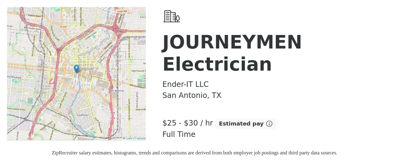 Ender-IT LLC job posting for a JOURNEYMEN Electrician in San Antonio, TX with a salary of $26 to $32 Hourly with a map of San Antonio location.