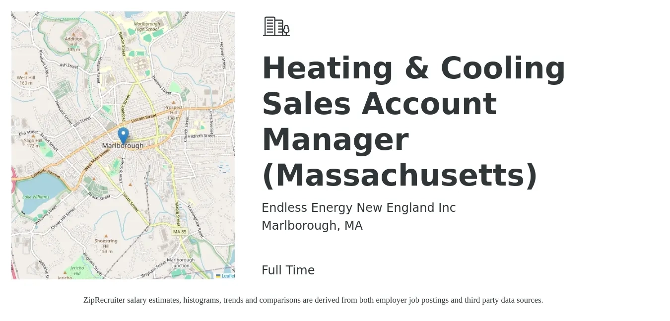 Endless Energy New England Inc job posting for a Heating & Cooling Sales Account Manager (Massachusetts) in Marlborough, MA with a salary of $52,400 to $83,000 Yearly with a map of Marlborough location.