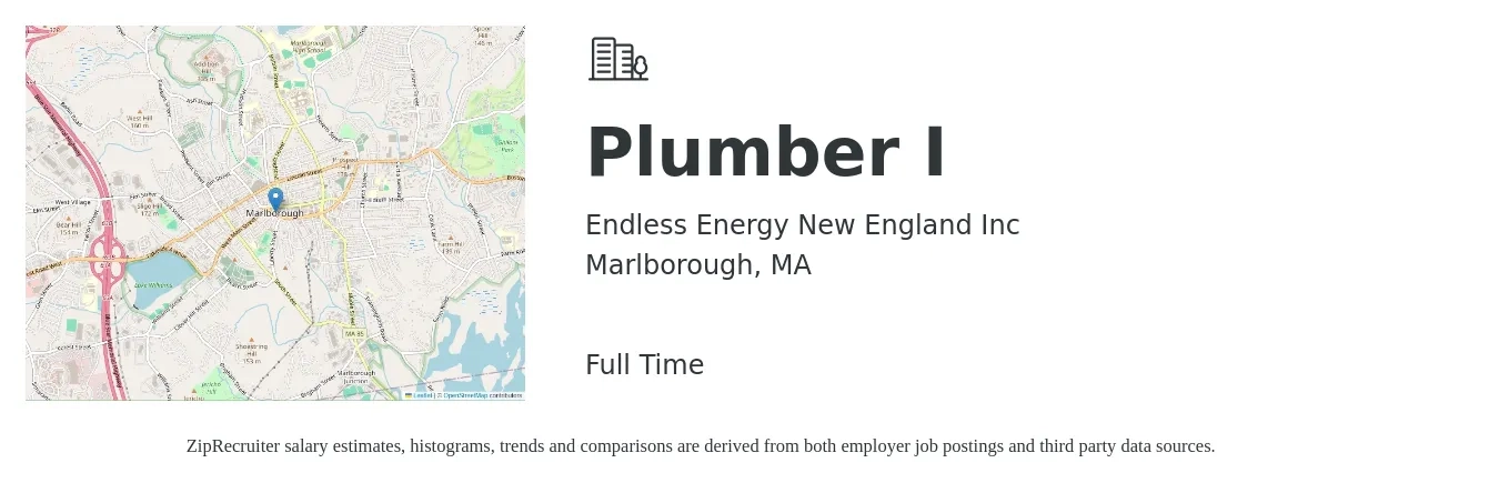 Endless Energy New England Inc job posting for a Plumber I in Marlborough, MA with a salary of $26 to $38 Hourly with a map of Marlborough location.