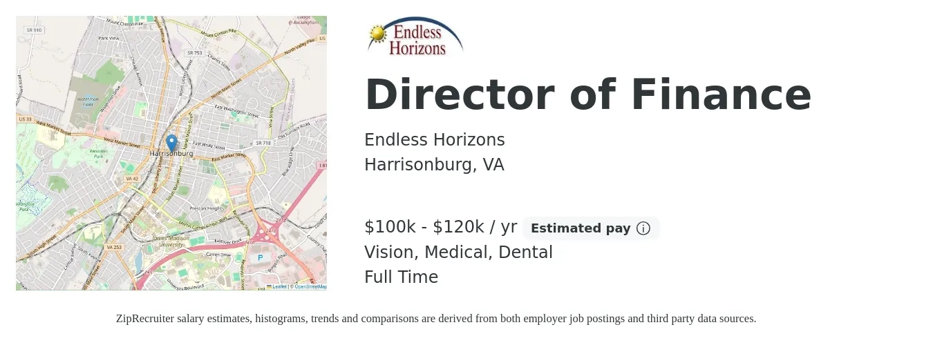 Endless Horizons job posting for a Director of Finance in Harrisonburg, VA with a salary of $100,000 to $120,000 Yearly and benefits including dental, life_insurance, medical, pto, retirement, and vision with a map of Harrisonburg location.