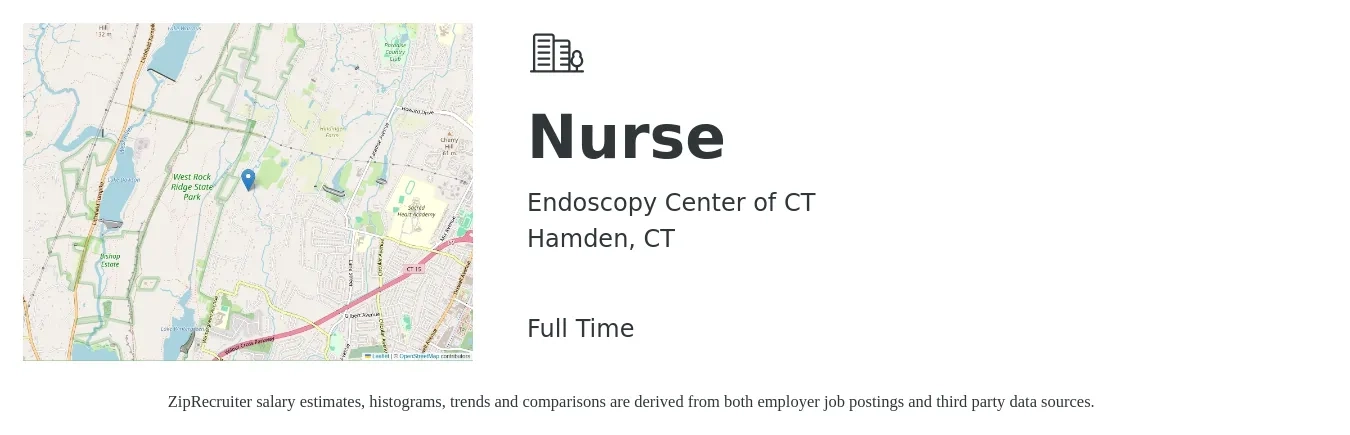 Endoscopy Center of CT job posting for a Nurse in Hamden, CT with a salary of $30 to $45 Hourly with a map of Hamden location.