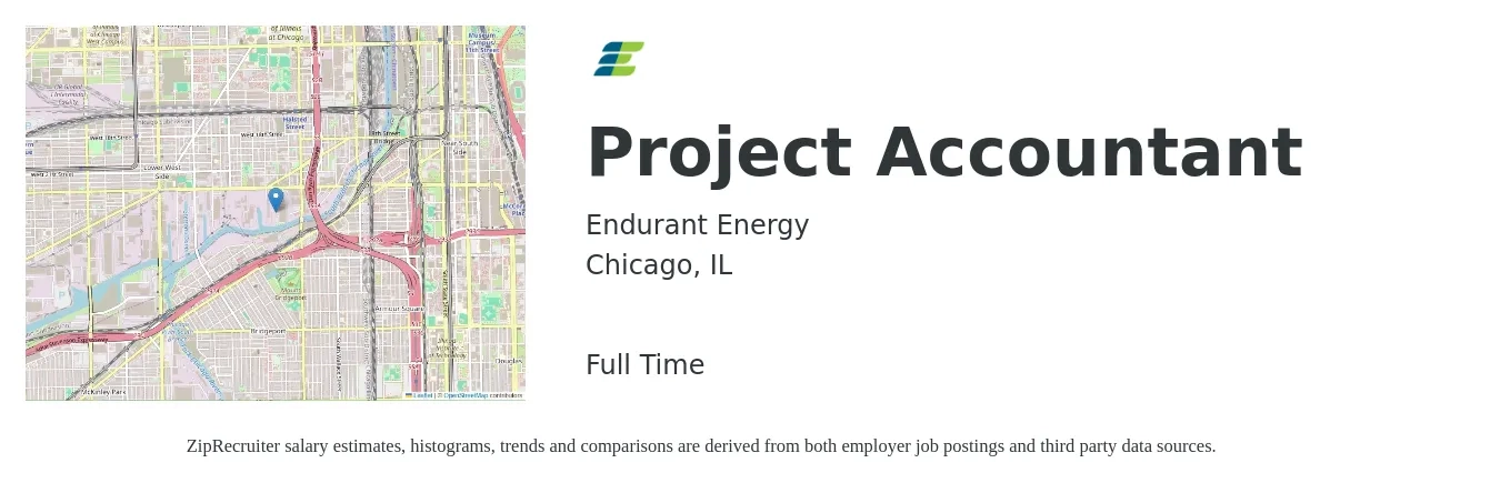Endurant Energy job posting for a Project Accountant in Chicago, IL with a salary of $62,900 to $82,500 Yearly with a map of Chicago location.
