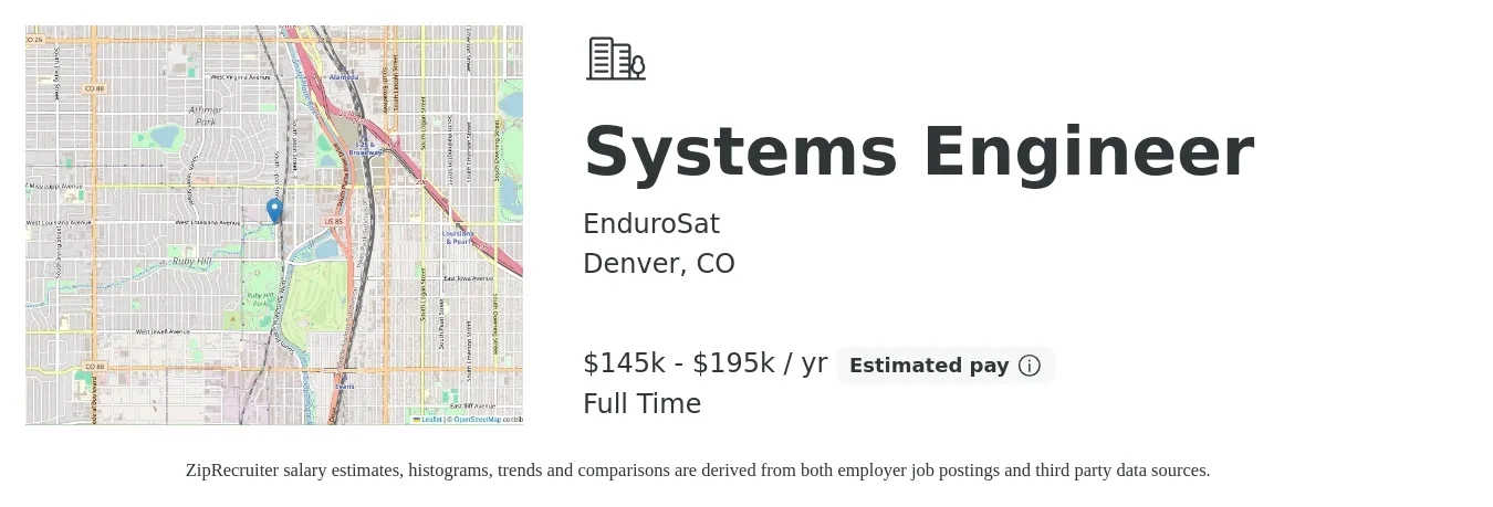 EnduroSat job posting for a Systems Engineer in Denver, CO with a salary of $145,000 to $195,000 Yearly with a map of Denver location.