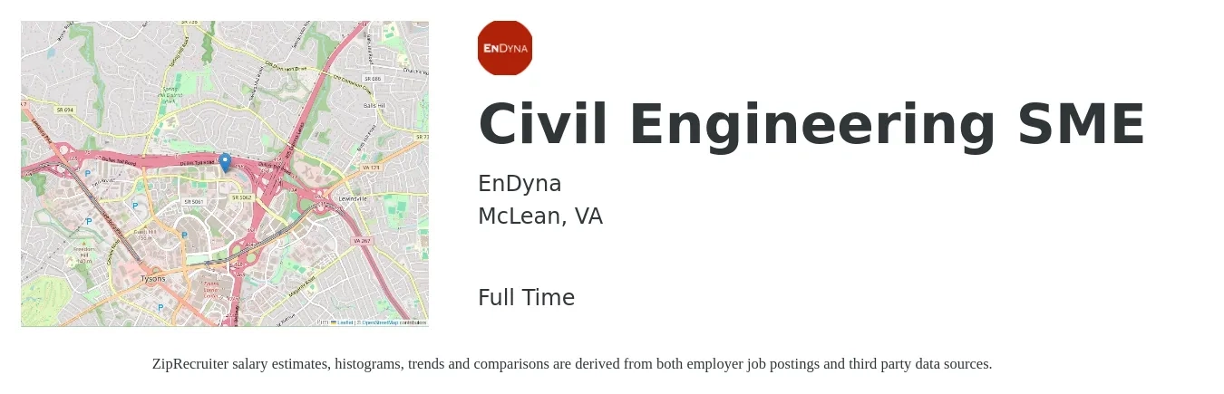 EnDyna job posting for a Civil Engineering SME in McLean, VA with a salary of $68,200 to $99,600 Yearly with a map of McLean location.