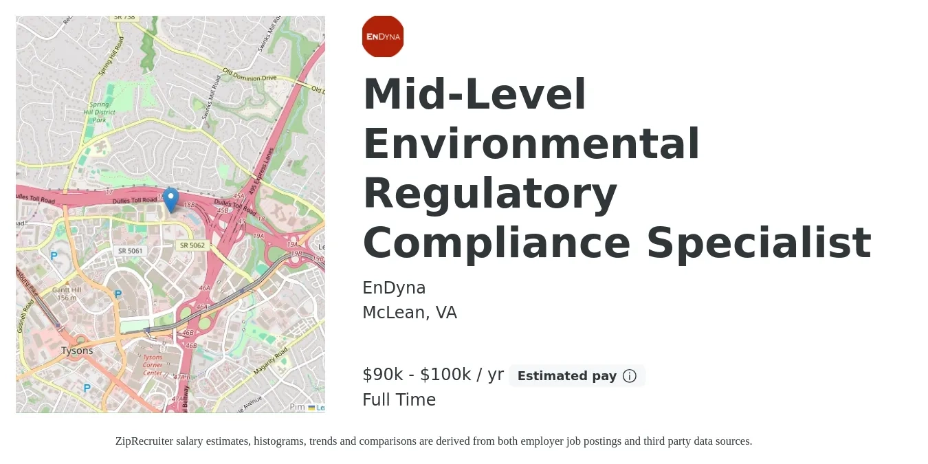 EnDyna job posting for a Mid-Level Environmental Regulatory Compliance Specialist in McLean, VA with a salary of $90,000 to $100,000 Yearly with a map of McLean location.