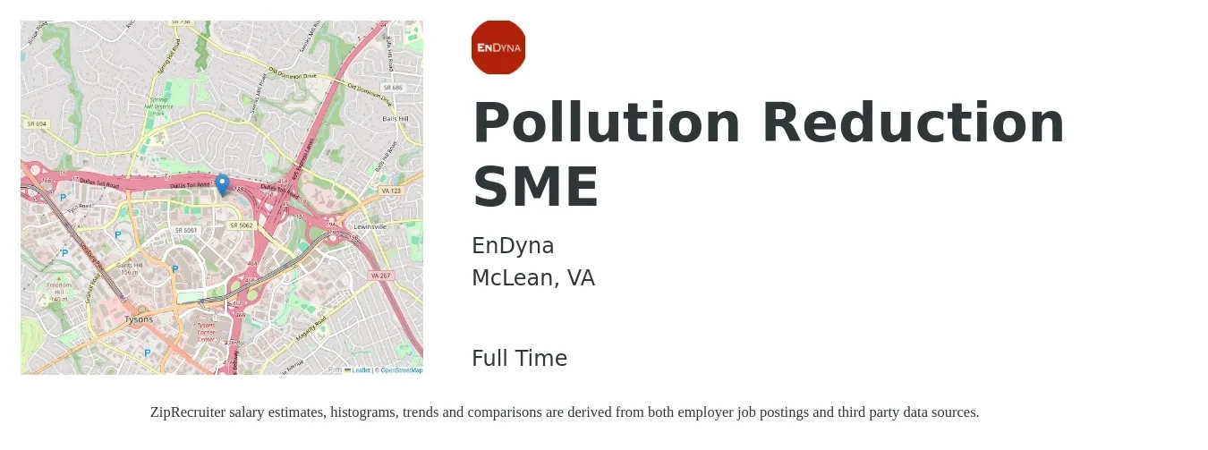 EnDyna job posting for a Pollution Reduction SME in McLean, VA with a salary of $103,600 to $131,400 Yearly with a map of McLean location.