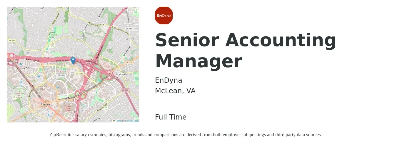 EnDyna job posting for a Senior Accounting Manager in McLean, VA with a salary of $120,000 to $140,000 Yearly with a map of McLean location.
