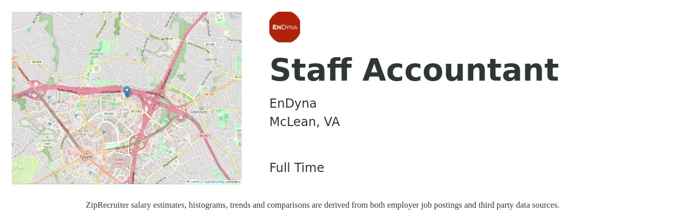EnDyna job posting for a Staff Accountant in McLean, VA with a salary of $55,600 to $73,300 Yearly with a map of McLean location.