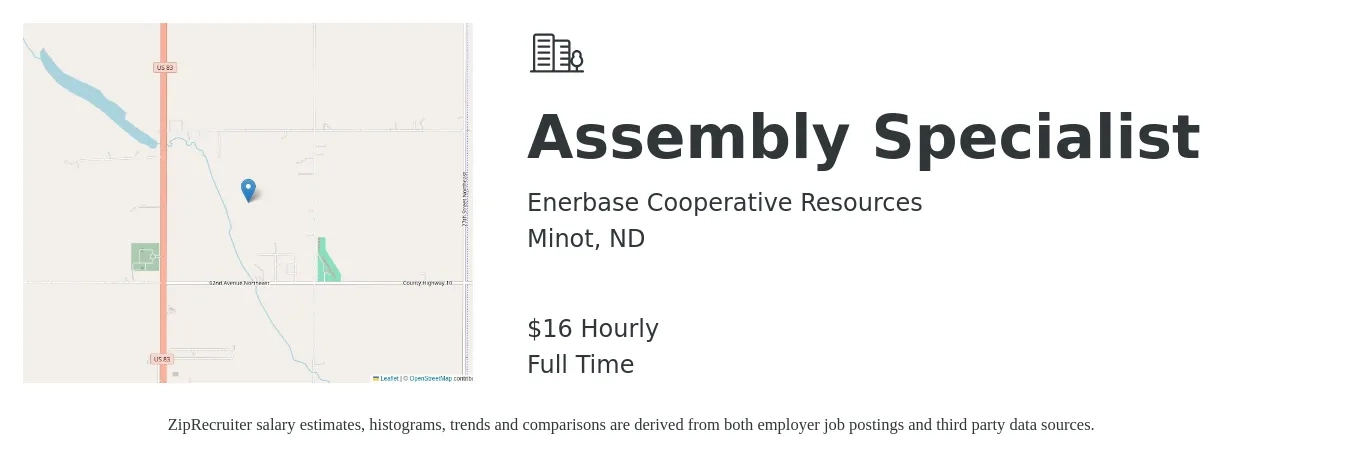 Enerbase Cooperative Resources job posting for a Assembly Specialist in Minot, ND with a salary of $17 Hourly with a map of Minot location.