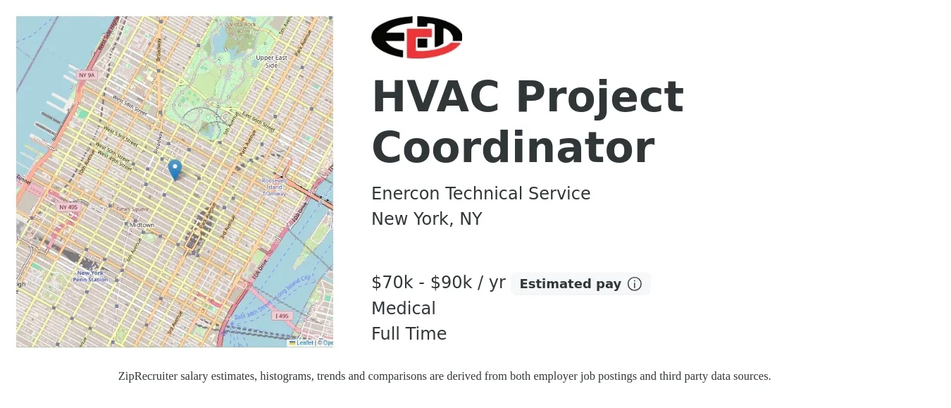 Enercon Technical Service job posting for a HVAC Project Coordinator in New York, NY with a salary of $70,000 to $90,000 Yearly and benefits including medical, and pto with a map of New York location.