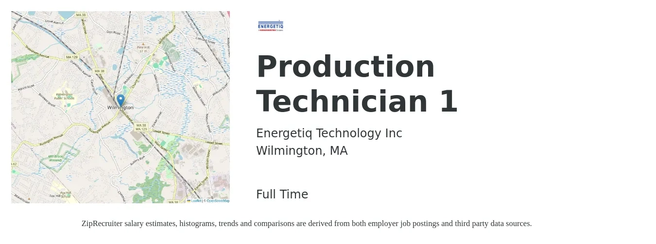 Energetiq Technology Inc job posting for a Production Technician 1 in Wilmington, MA with a salary of $19 to $24 Hourly with a map of Wilmington location.
