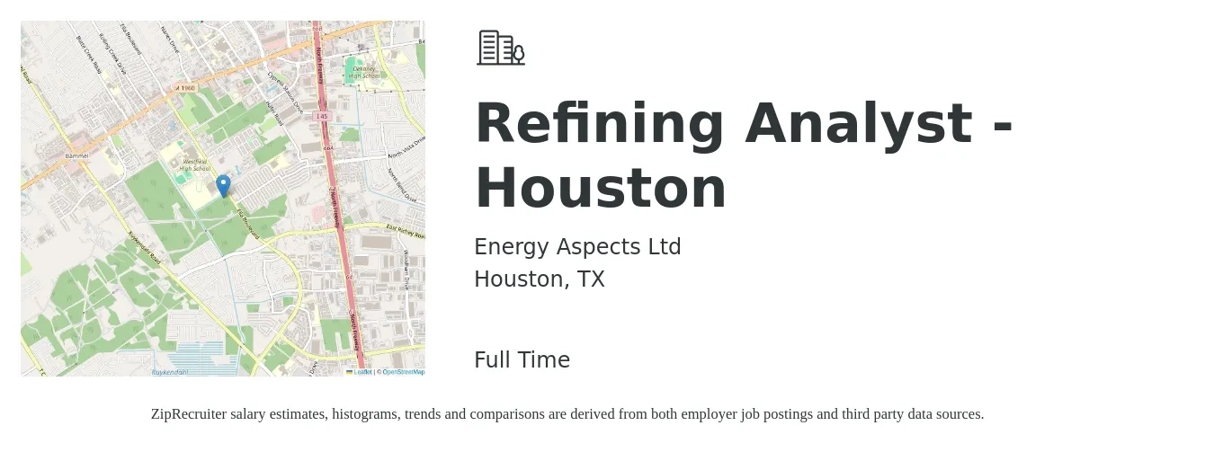 Energy Aspects Ltd job posting for a Refining Analyst - Houston in Houston, TX with a salary of $50,100 to $83,100 Yearly with a map of Houston location.