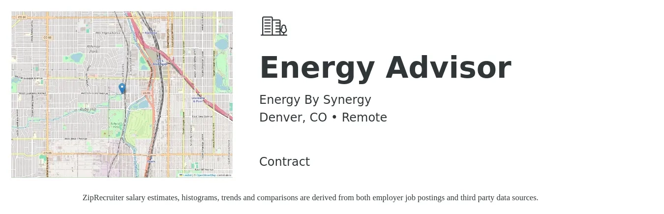 Energy By Synergy job posting for a Energy Advisor in Denver, CO with a salary of $75,000 Yearly with a map of Denver location.