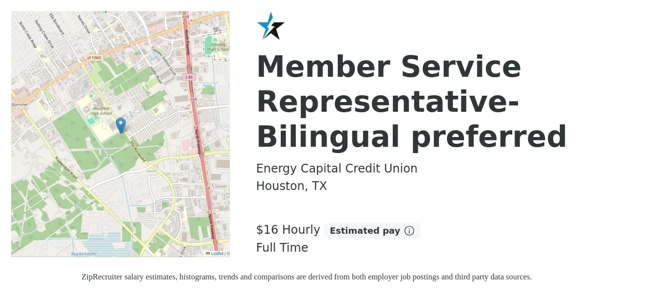 Energy Capital Credit Union job posting for a Member Service Representative- Bilingual preferred in Houston, TX with a salary of $17 Hourly with a map of Houston location.