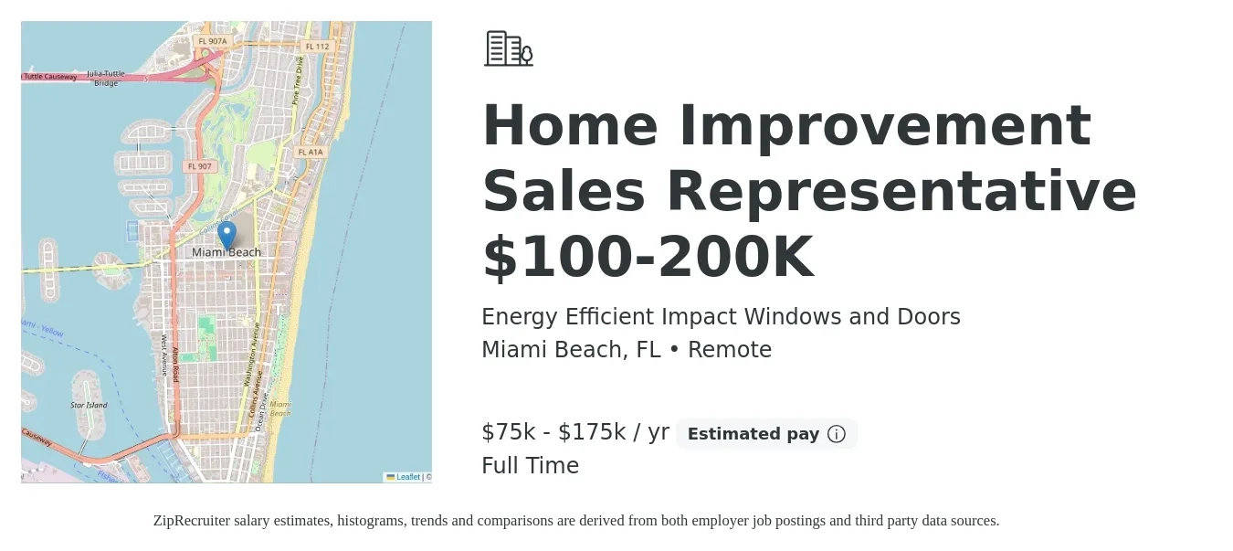 Energy Efficient Impact Windows and Doors job posting for a Home Improvement Sales Representative $100-200K in Miami Beach, FL with a salary of $75,000 to $175,000 Yearly with a map of Miami Beach location.