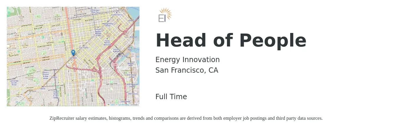 Energy Innovation job posting for a Head of People in San Francisco, CA with a salary of $58,900 to $147,900 Yearly with a map of San Francisco location.