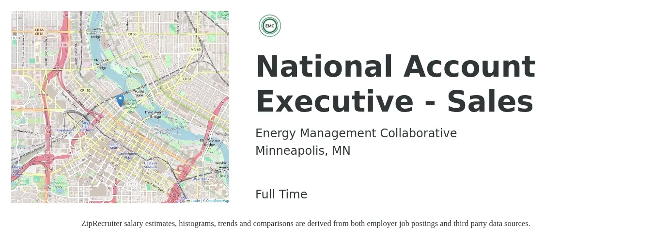 Energy Management Collaborative job posting for a National Account Executive - Sales in Minneapolis, MN with a salary of $55,800 to $87,700 Yearly with a map of Minneapolis location.