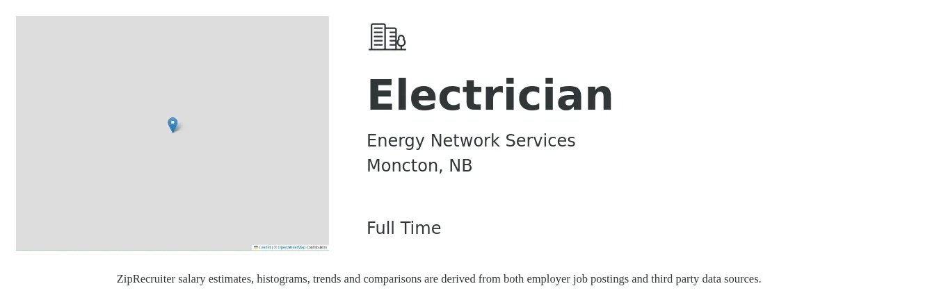 Energy Network Services job posting for a Electrician in Moncton, NB with a map of Moncton location.