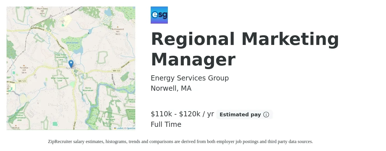 Energy Services Group job posting for a Regional Marketing Manager in Norwell, MA with a salary of $110,000 to $120,000 Yearly with a map of Norwell location.
