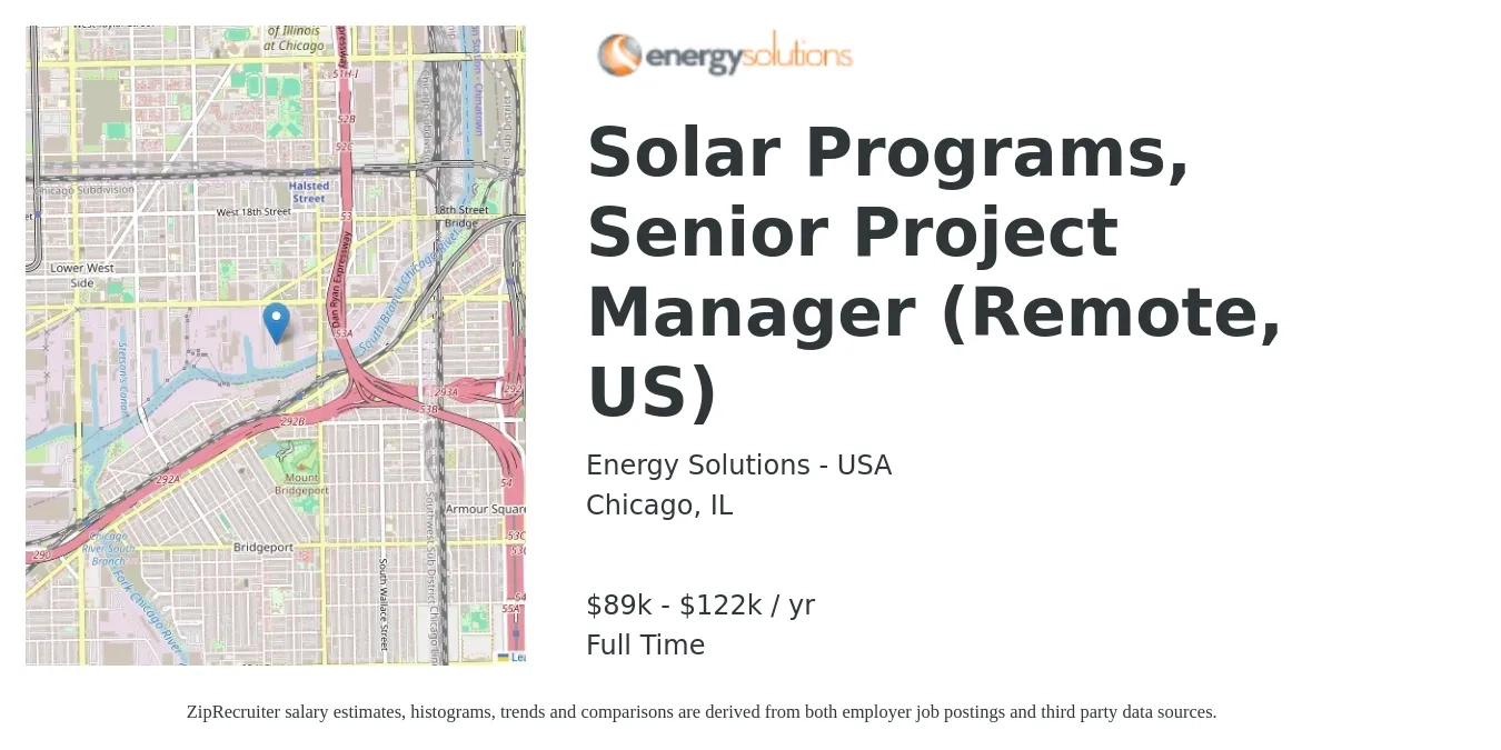 Energy Solutions - USA job posting for a Solar Programs, Senior Project Manager (Remote, US) in Chicago, IL with a salary of $89,000 to $122,000 Yearly with a map of Chicago location.