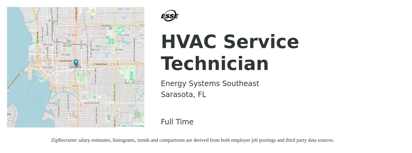 Energy Systems Southeast job posting for a HVAC Service Technician in Sarasota, FL with a salary of $24 to $34 Hourly with a map of Sarasota location.
