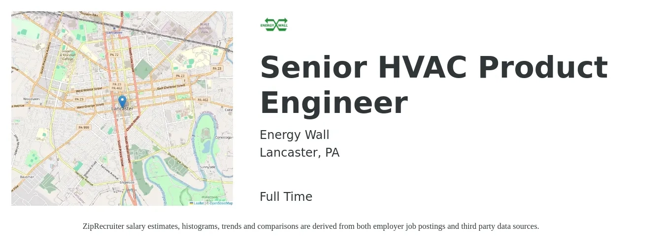 Energy Wall job posting for a Senior HVAC Product Engineer in Lancaster, PA with a salary of $90,400 to $138,000 Yearly with a map of Lancaster location.