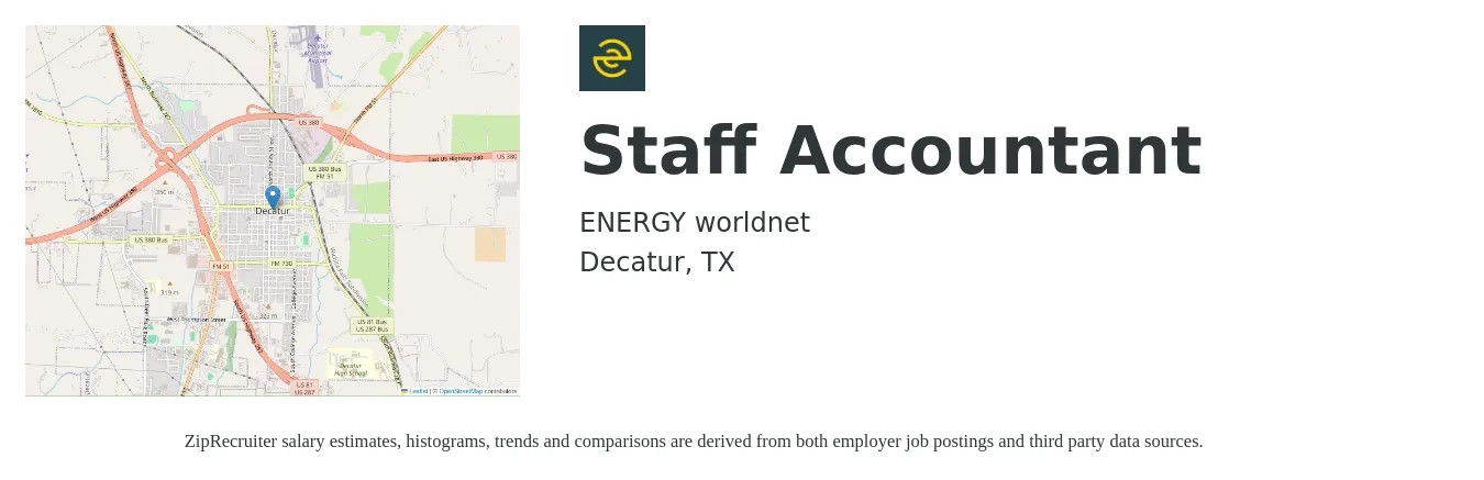 ENERGY worldnet job posting for a Staff Accountant in Decatur, TX with a salary of $49,200 to $64,800 Yearly with a map of Decatur location.