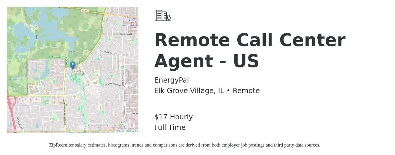EnergyPal job posting for a Remote Call Center Agent - US in Elk Grove Village, IL with a salary of $18 Hourly with a map of Elk Grove Village location.