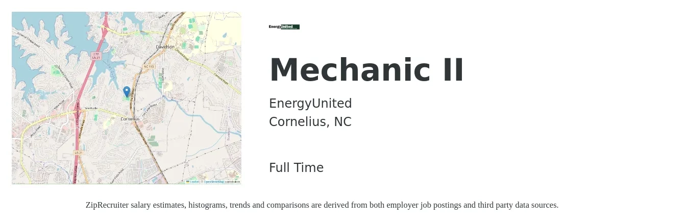 EnergyUnited job posting for a Mechanic II in Cornelius, NC with a salary of $19 to $28 Hourly with a map of Cornelius location.