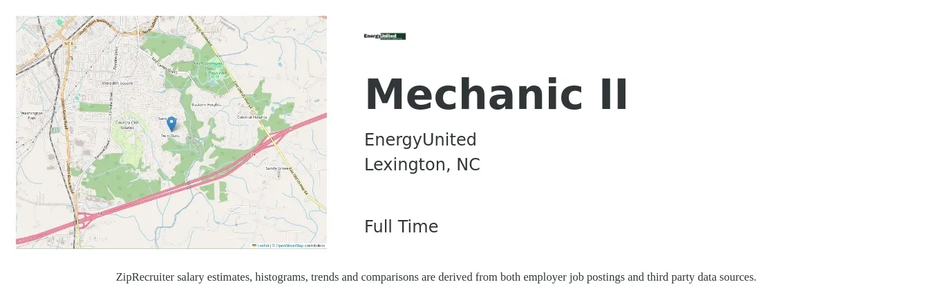 EnergyUnited job posting for a Mechanic II in Lexington, NC with a salary of $19 to $28 Hourly with a map of Lexington location.