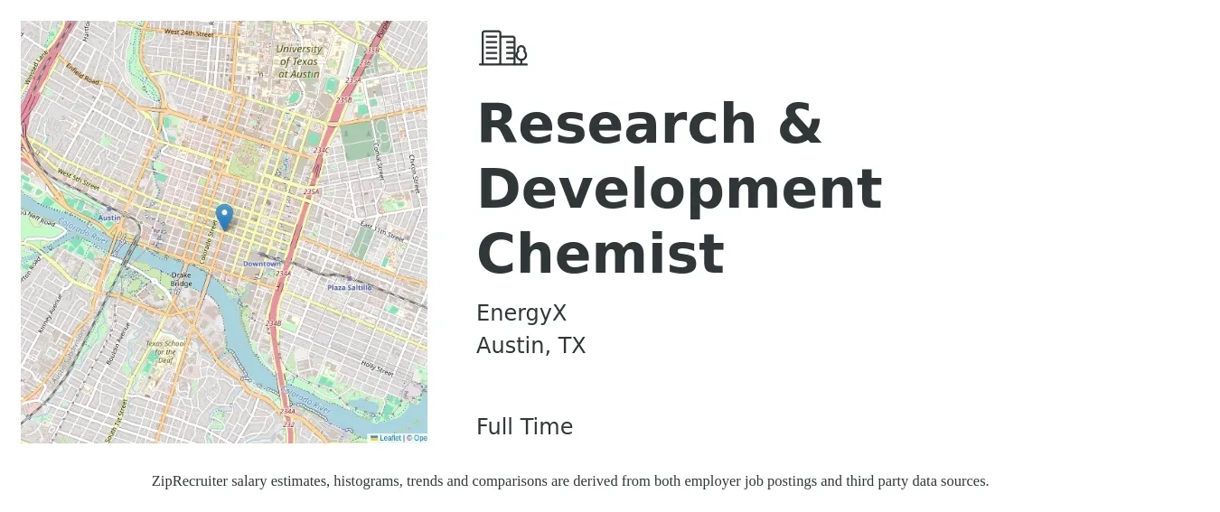 EnergyX job posting for a Research & Development Chemist in Austin, TX with a salary of $53,000 to $109,000 Yearly with a map of Austin location.