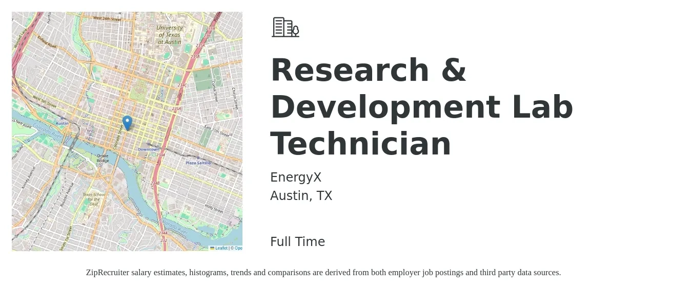 EnergyX job posting for a Research & Development Lab Technician in Austin, TX with a salary of $52,000 to $60,000 Yearly with a map of Austin location.