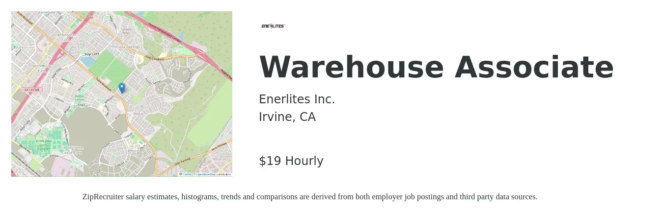 Enerlites Inc. job posting for a Warehouse Associate in Irvine, CA with a salary of $20 Hourly with a map of Irvine location.