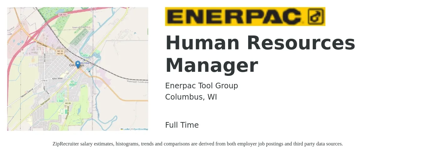 Enerpac Tool Group Corp job posting for a Human Resources Manager in Columbus, WI with a salary of $77,800 to $112,700 Yearly with a map of Columbus location.