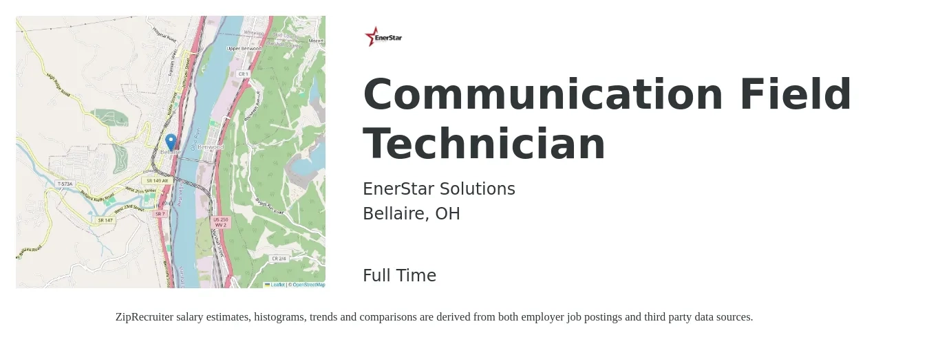 EnerStar Solutions job posting for a Communication Field Technician in Bellaire, OH with a salary of $19 to $26 Hourly with a map of Bellaire location.