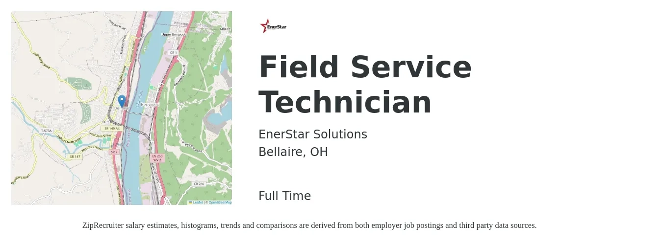 EnerStar Solutions job posting for a Field Service Technician in Bellaire, OH with a salary of $19 to $23 Hourly with a map of Bellaire location.