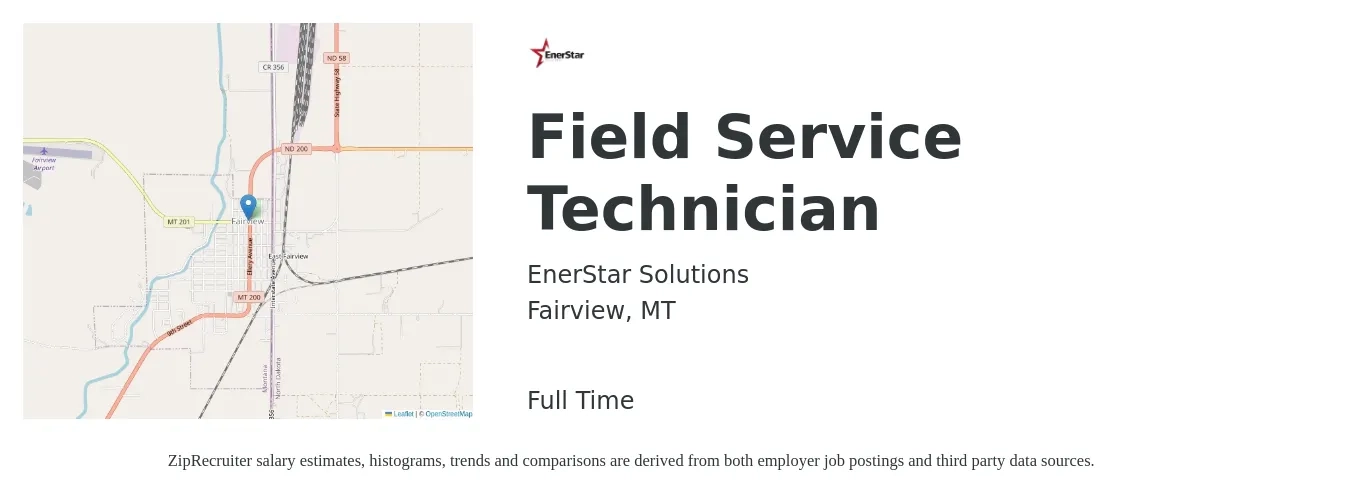 EnerStar Solutions job posting for a Field Service Technician in Fairview, MT with a salary of $19 to $23 Hourly with a map of Fairview location.
