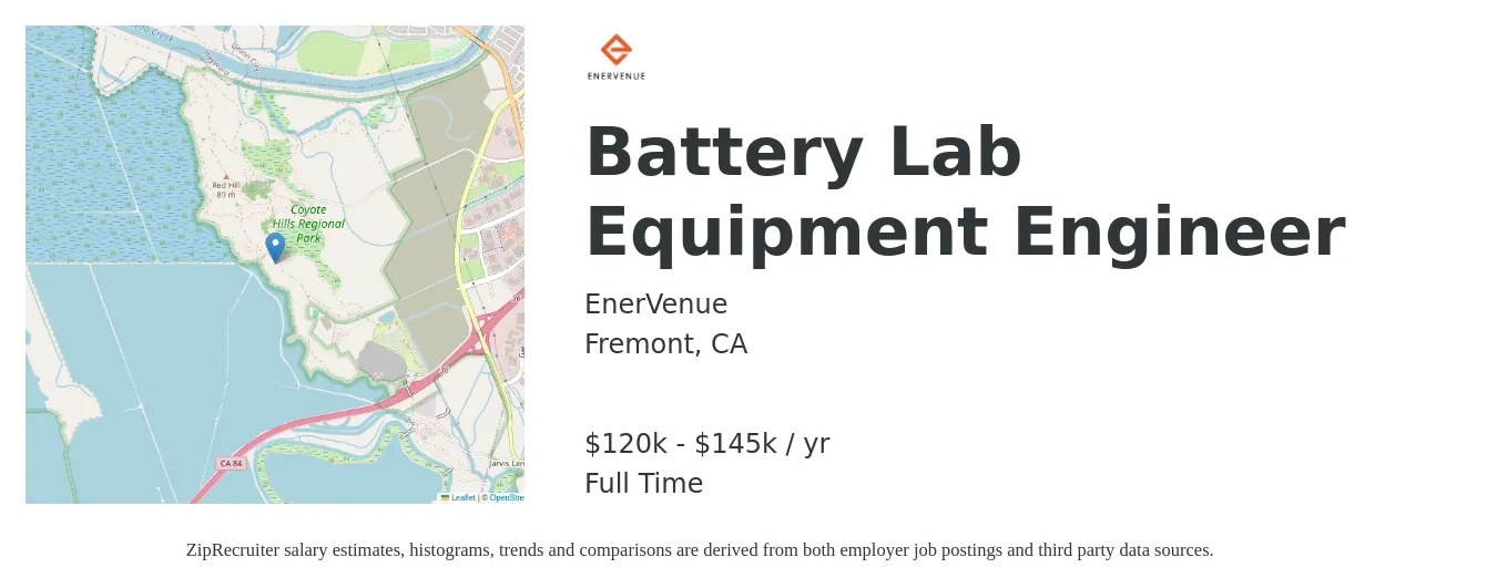 EnerVenue job posting for a Battery Lab Equipment Engineer in Fremont, CA with a salary of $120,540 to $145,768 Yearly with a map of Fremont location.