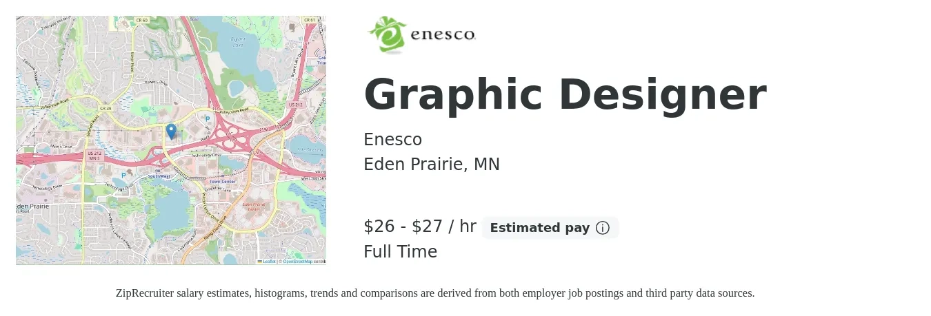 Enesco job posting for a Graphic Designer in Eden Prairie, MN with a salary of $58,000 to $60,000 Yearly with a map of Eden Prairie location.