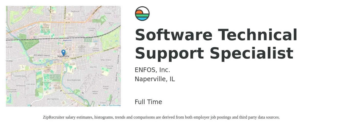 ENFOS, Inc. job posting for a Software Technical Support Specialist in Naperville, IL with a salary of $55,000 Yearly with a map of Naperville location.